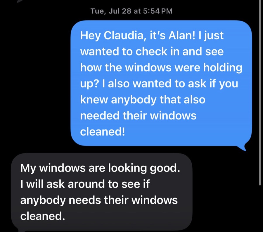Text from Claudia: My windows are looking good